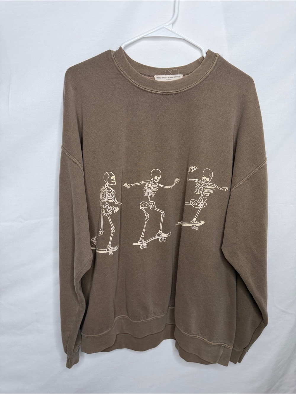 Project Social T Taupe Crewneck with White Skate Skeletons